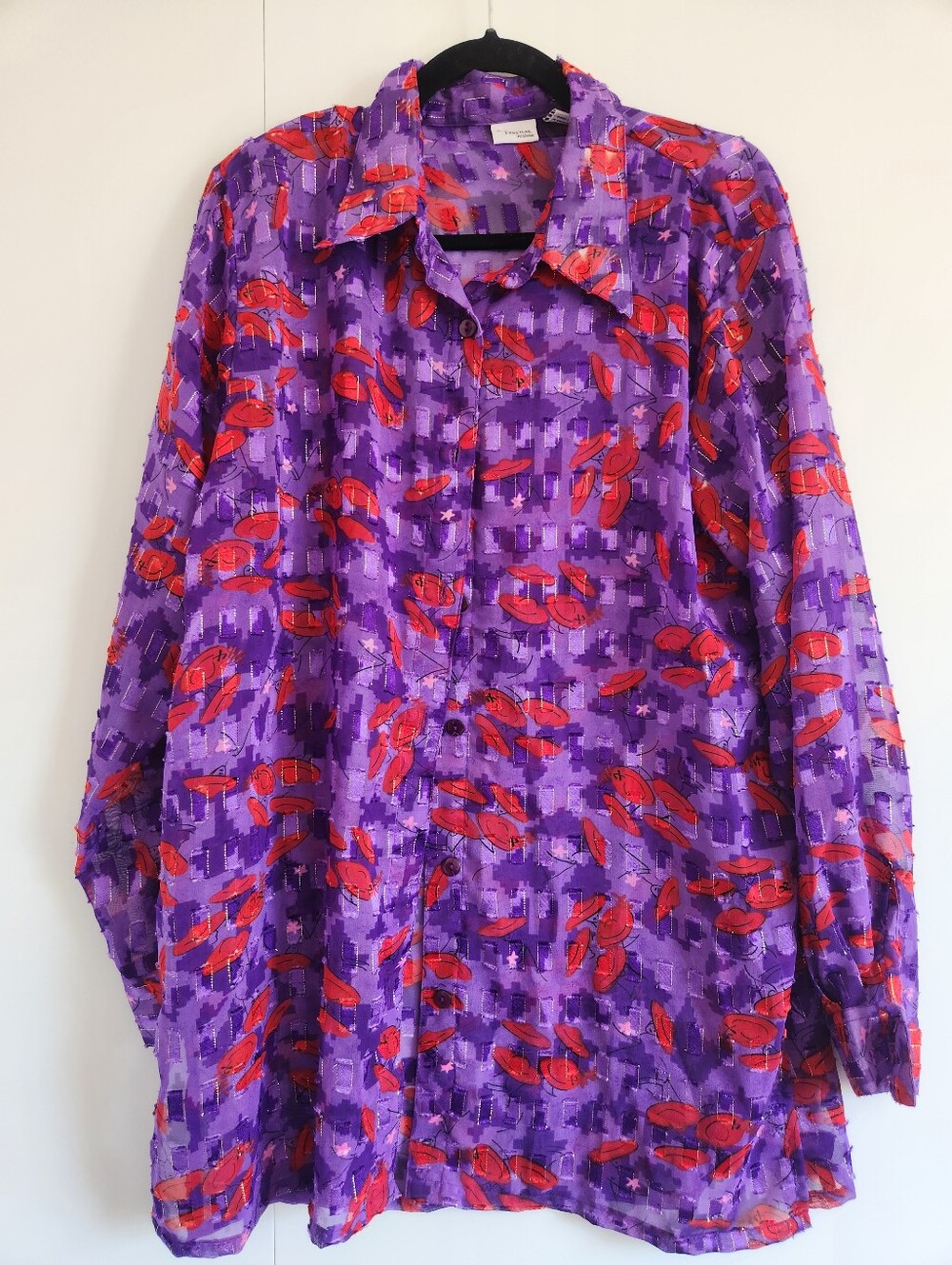 Indian Tropical Fashions Purple Abstract Sheer Button Up Blouse XL Vintage